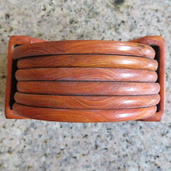 Set 6 Peruvian Coasters Wood Handpainted Vintage (K711) - Picture 4 of 8